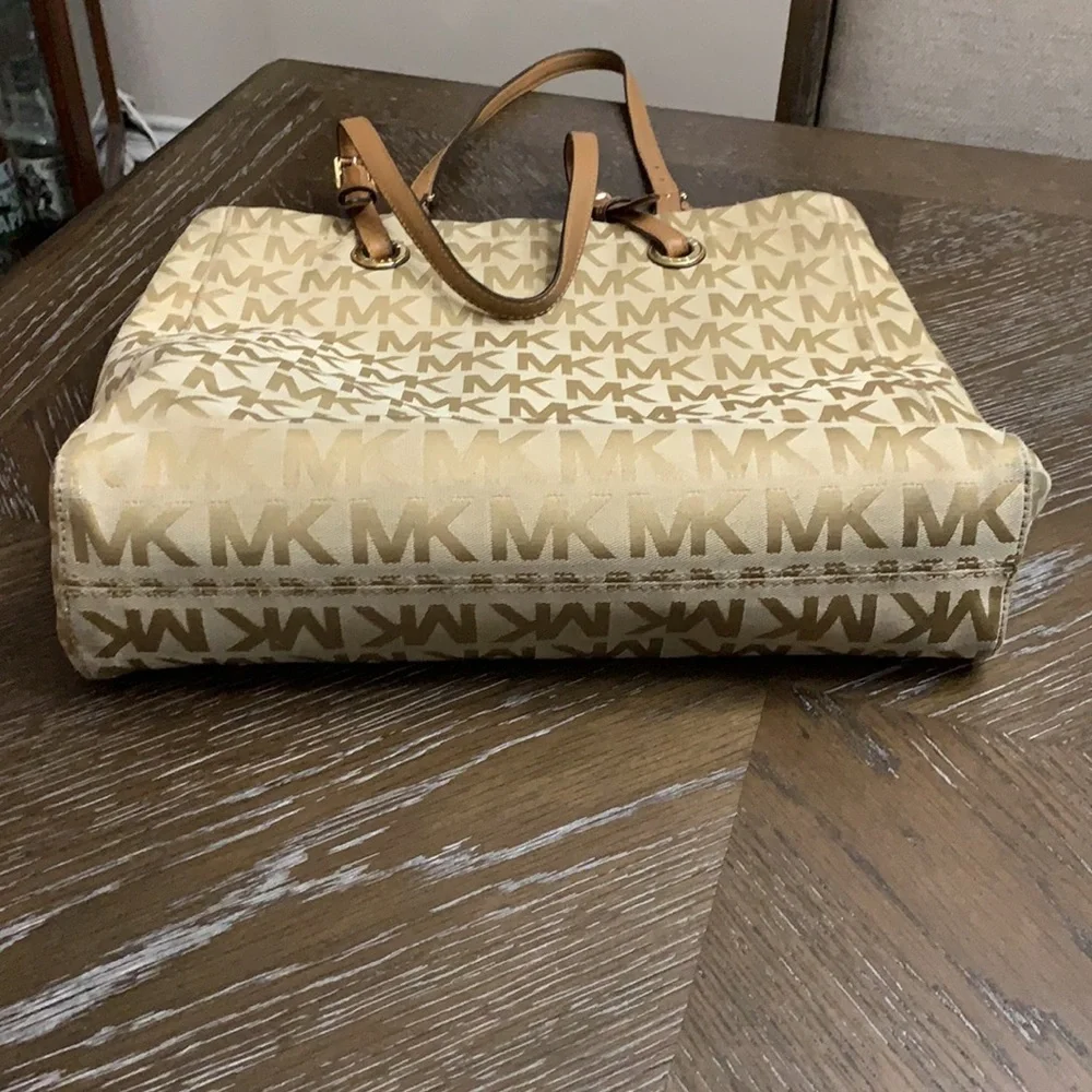 Michael Kors MK monogrammed print tan large shoulder bag with tan leather straps